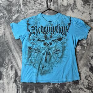 Vintage Y2K Redemption Blue Short Sleeve T-Shirt Double Sided Tribal Crosses XXL